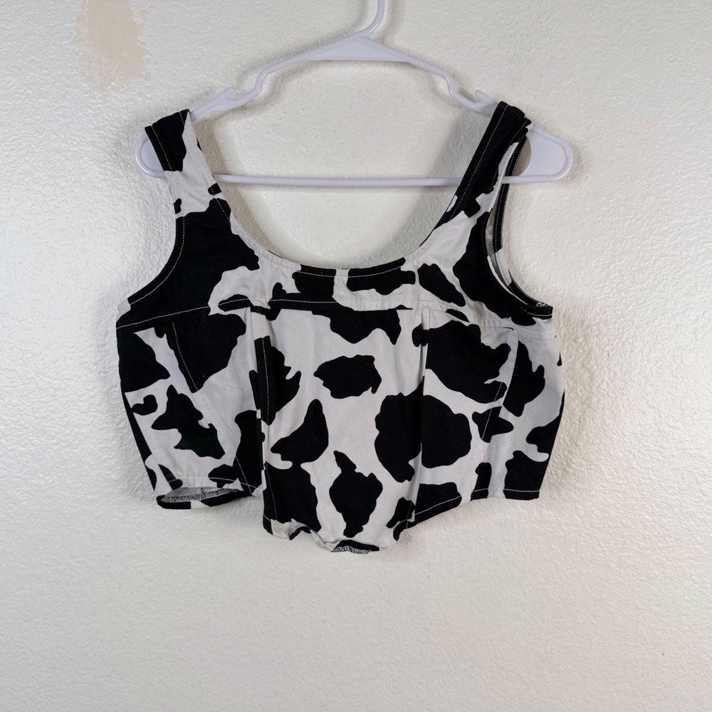 Lone Star Cow Print Western Corset Structured Denim Crop Top Women's Size Large